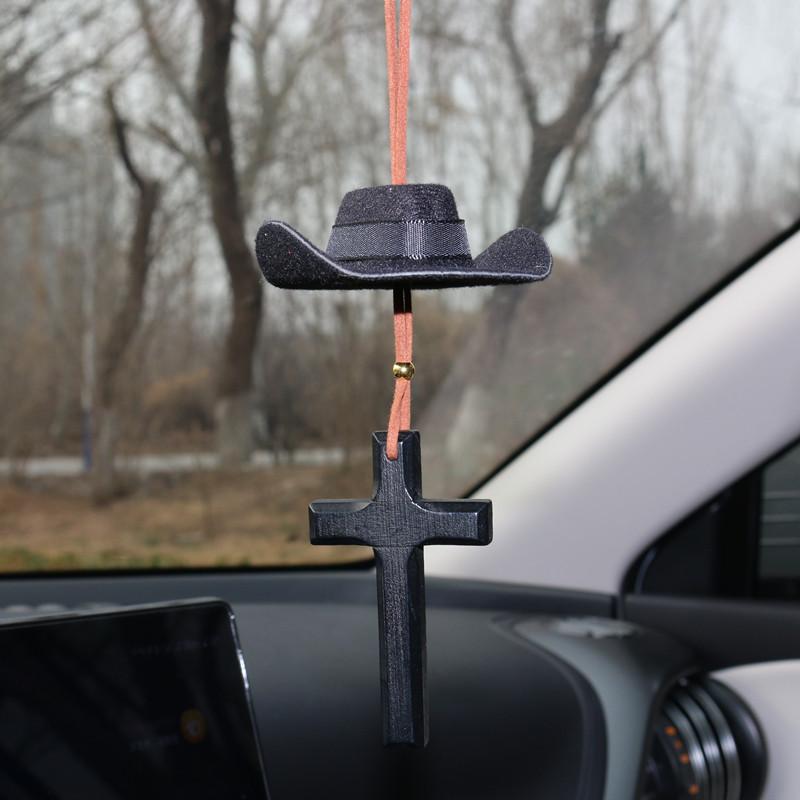 New Love Heart Cross Denim Hat Car Pendant Fashion Car Rearview Mirror Decoration Pendant Car Interior Accessories