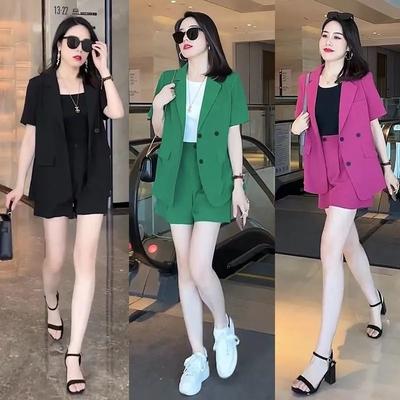Conjunto de Terno de Verão Feminino Manga Curta Casual Jaqueta de Terno+shorts Cor Sólida Simples Para Ir ao Trabalho Conjunto de Duas Peças