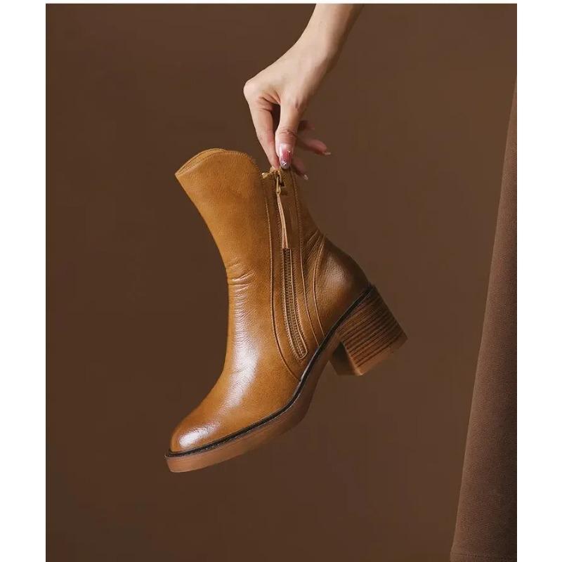 Neue Schwarzbraune Retro-Stil Mid-Tube Stiefel mit Seitlichem Reißverschluss Neue Herbst Damen Kurzstiefel mit Dickem Absatz Zapatos De Mujer