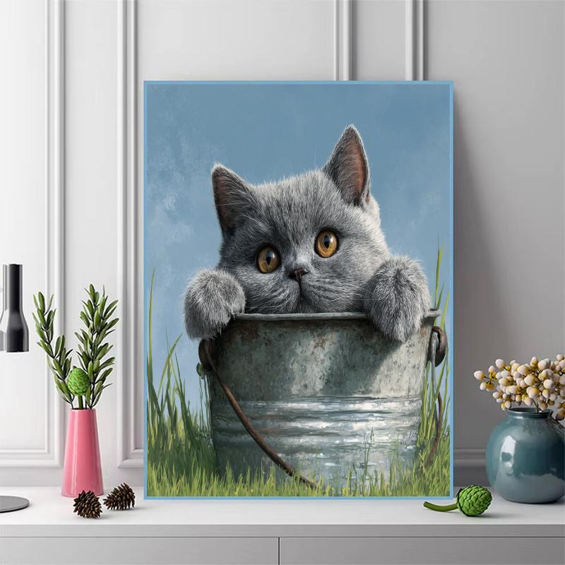 British Shorthair cat and plants Pattern  3pcs 100% Round Full Drill 5D DIY Diamond Painting Embroidery Cross Stitch Rhinestone Décor