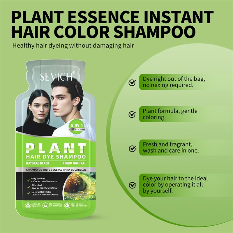 SEVICH 30ml×10 Stück Haarfärbeshampoo zur Grauhaarabdeckung, Pflanzenbasiertes Haarfärbeshampoo, Schnellfärbendes Shampoo in Sachets, Naturschwarz