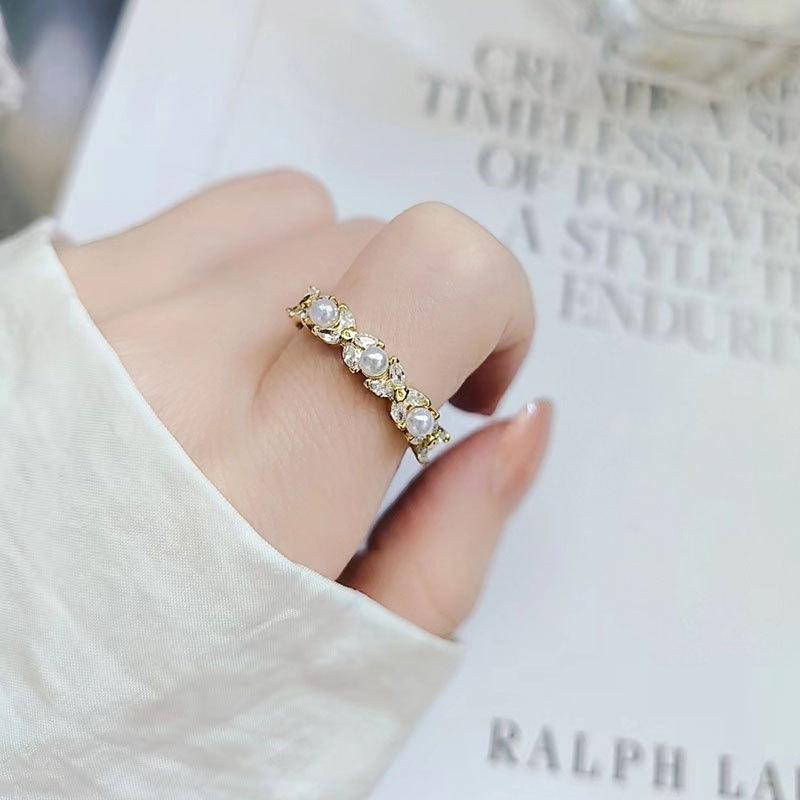 Chic Micro Paved Pearl Open Ring For Women Minimalist Adjustable Index Finger Band High End Fashion Jewelry