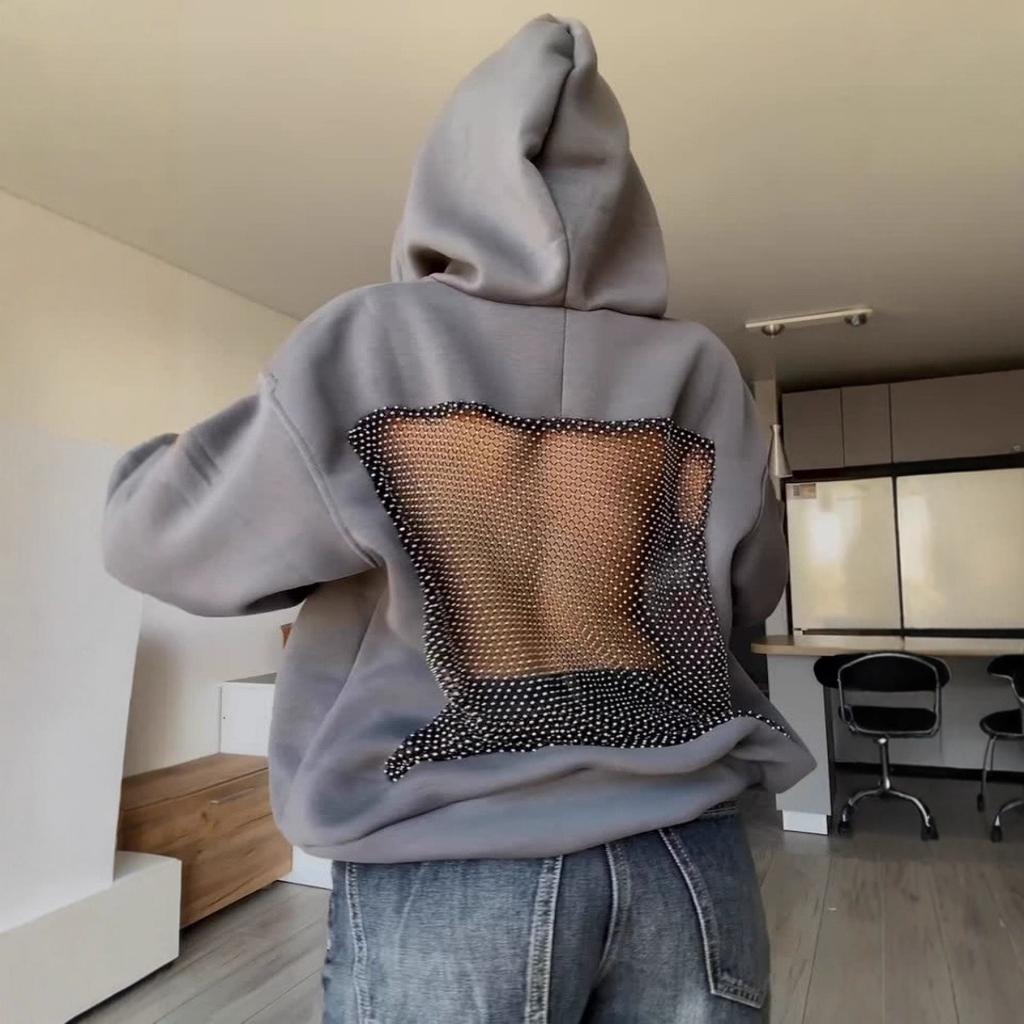 Autumn and Winter New Women's Fashion Solid Color Backless Hollow Mesh Hooded Sweatshirt Sweatshirt
