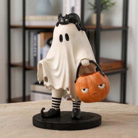 Cute Ghost Statue Statue, Resin Black Cat Holding Pumpkin Bucket Ornament, Artistic Tabletop Decor Halloween Figurine for Home Holiday Party