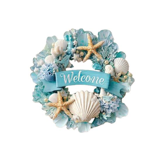 Cartello di Benvenuto Oceano Estate Spiaggia Ghirlanda Rotonda in Legno Stella Marina Conchiglia Costiera Appendiporta per Portico Decorazione Esterna