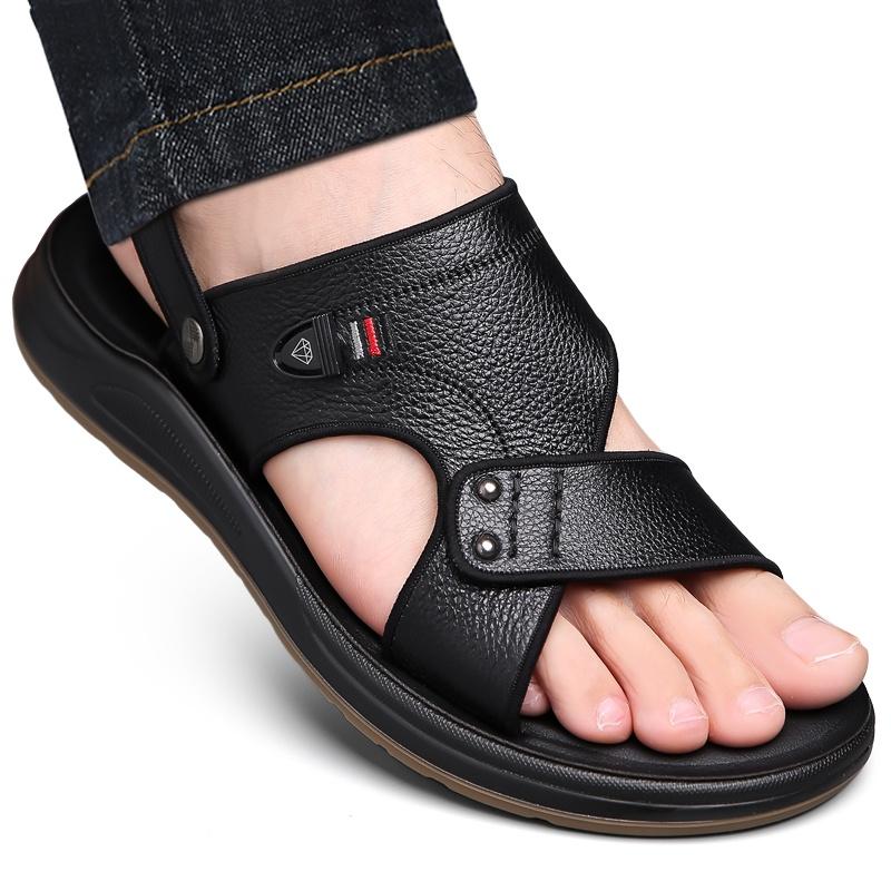 Herren Braune Flache Hausschuhe Sommer Outdoor Breite Zehenpartie Wandersandalen Retro Schwarzes Leder Offene Zehenpartie Strandschuhe Übergröße