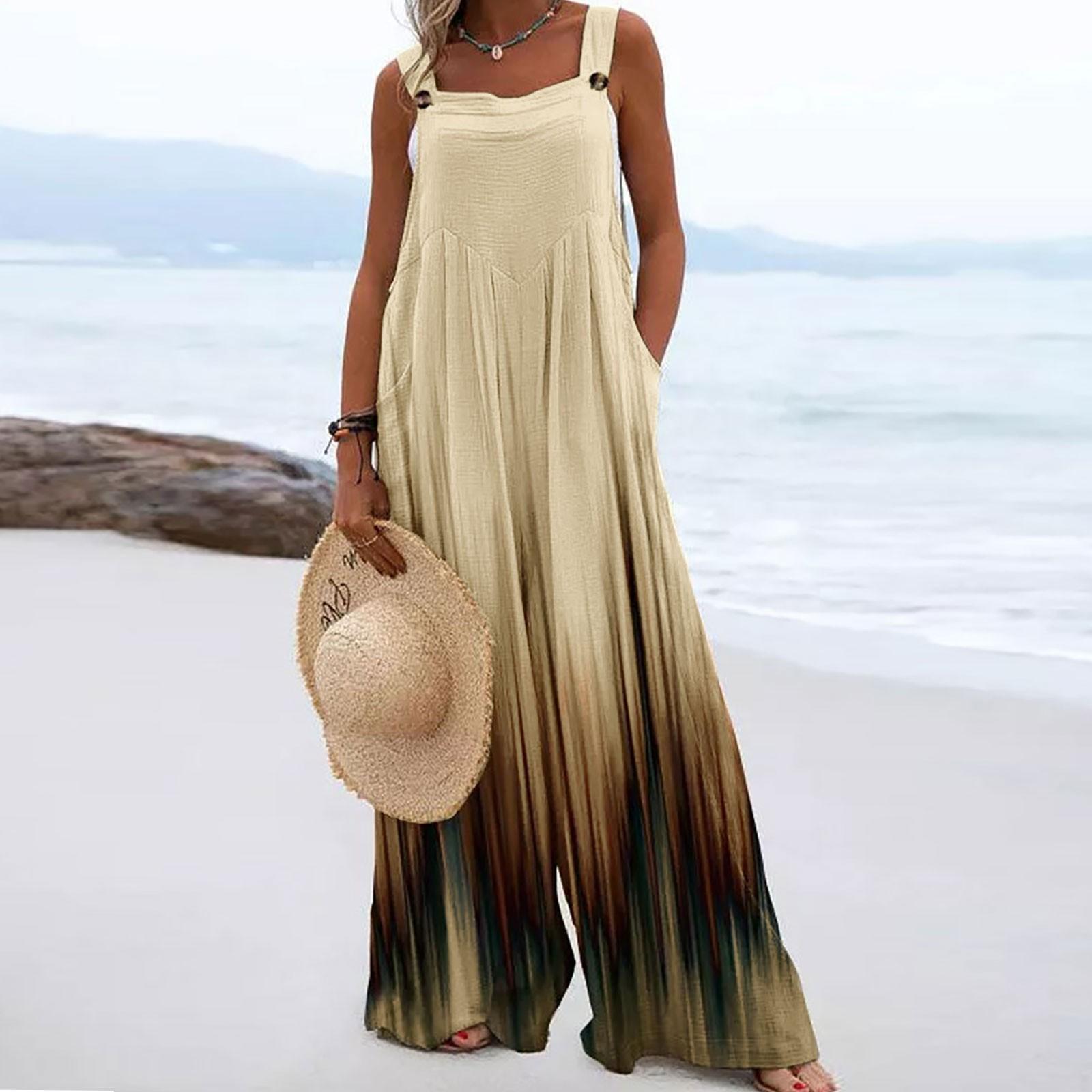 

Women s Button Up Jumpsuit Casual Loose Sleeveless Rompers With Pockets XL коричневий