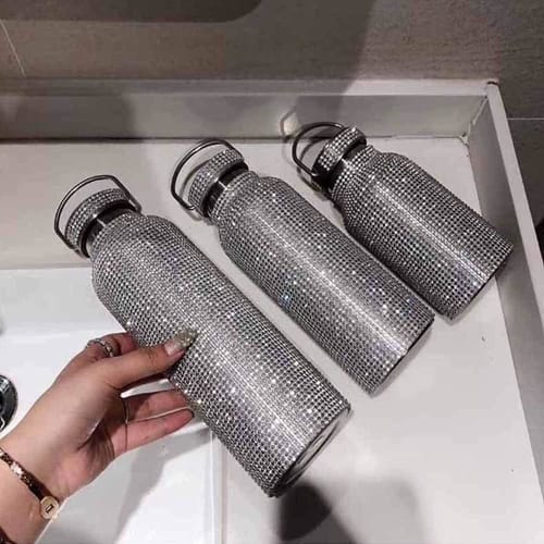Farigrut Diamond Water Thermos, Bling Rhinestone Stainless Steel Thermal Bottle, Stainless Steel Insulated, Sparkling Diamond with Chain for Women (Bl