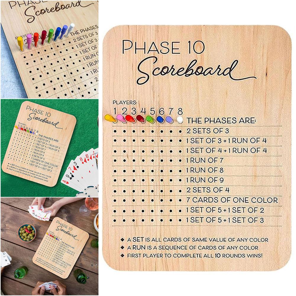 Wooden Phase 10 Score Board W/8 Colored Pegs Phase 10 Scoreboard and Round Tracker Table Board Card Game for Party Family Adults
