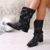Women's Wide Width V-Cut Ankle Boots, Pointed Toe Chunky Heel Western Boots, Studded Stacked Cowboy Boots for Winter