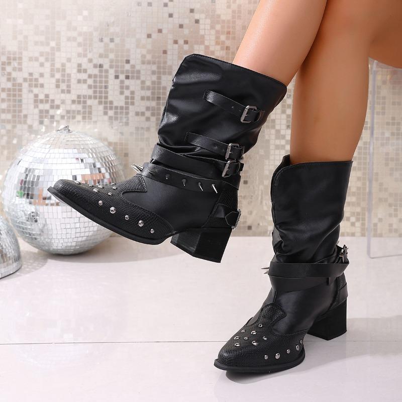 Women's Wide Width V-Cut Ankle Boots, Pointed Toe Chunky Heel Western Boots, Studded Stacked Cowboy Boots for Winter