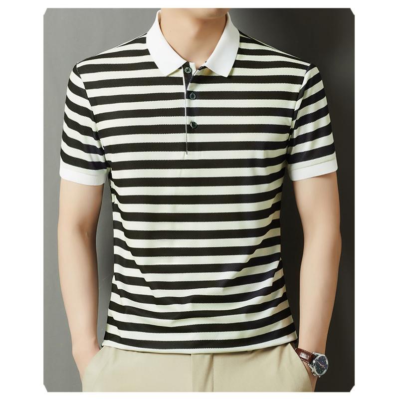 Men's Green White Striped Polo Shirt Short Sleeve Casual Top