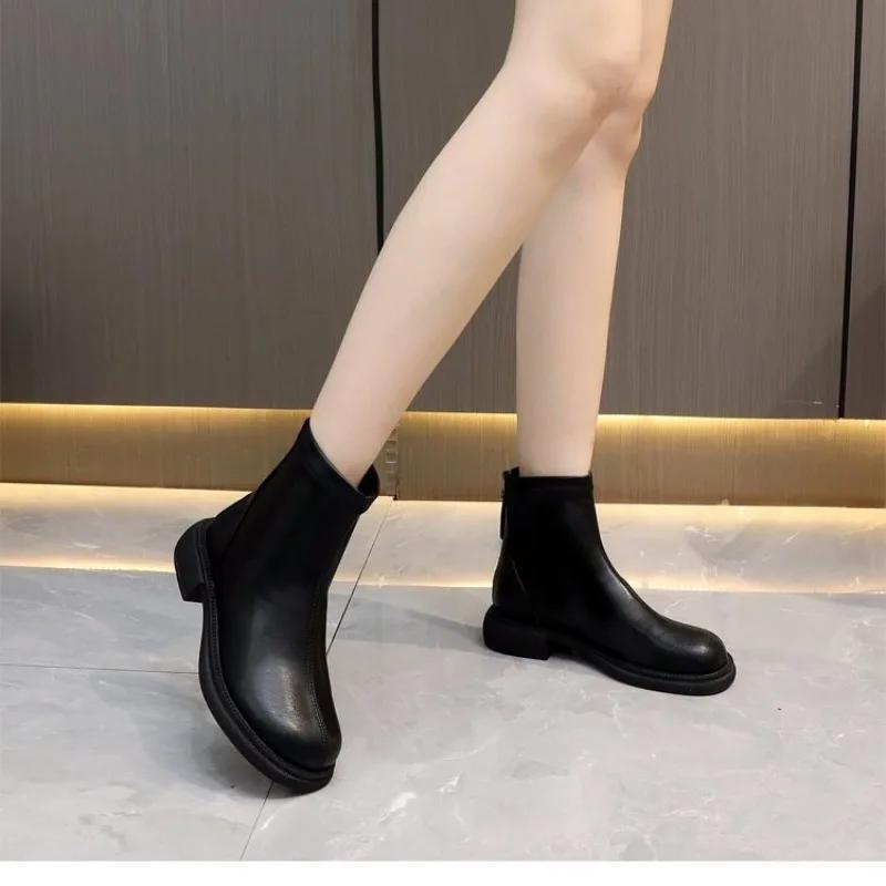 Fashion Round Toe Mid Heel Short Boots for Women Shoes Autumn/winter with/Without Plush Rear Zipper Soft Sole Slim Boot Zapatos Mujer