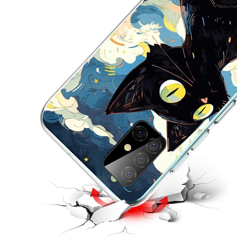 Anime Cute Black Cat Meow Phone Case For Samsung Galaxy A17 A16 A15 A14 A13 A57 A56 A55 A54 A53 A37 A36 A35 A34 A33 A26 A25 A24