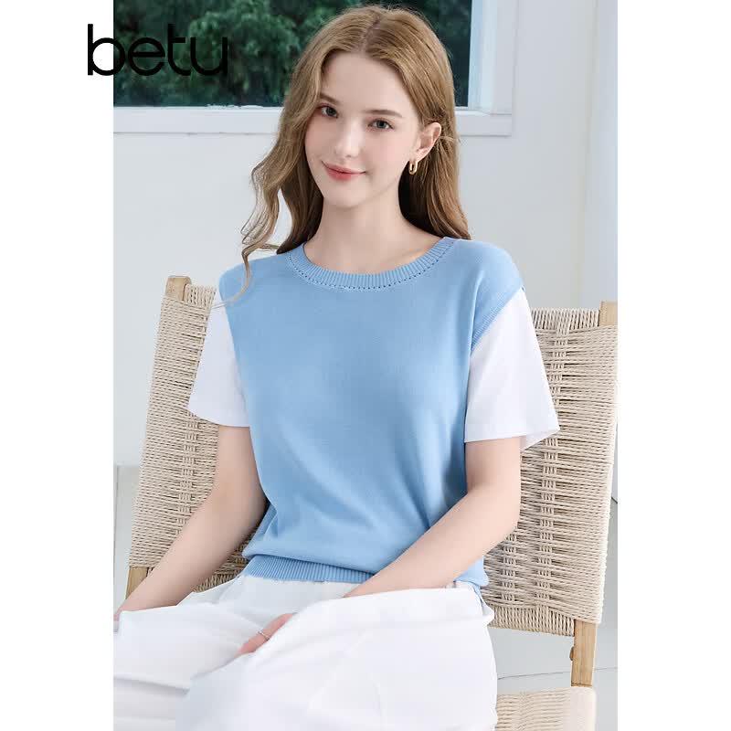 Baitu Women's Faux Two-Piece Short Sleeve Knit Top
