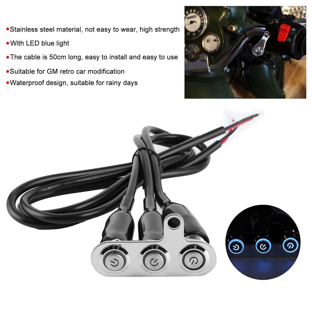Motorcycle Handlebar Switch 12V Stainless Steel Motorcycle Handlebar Fog Light Switch Button LED Modification Bracket Control Push Button(Three