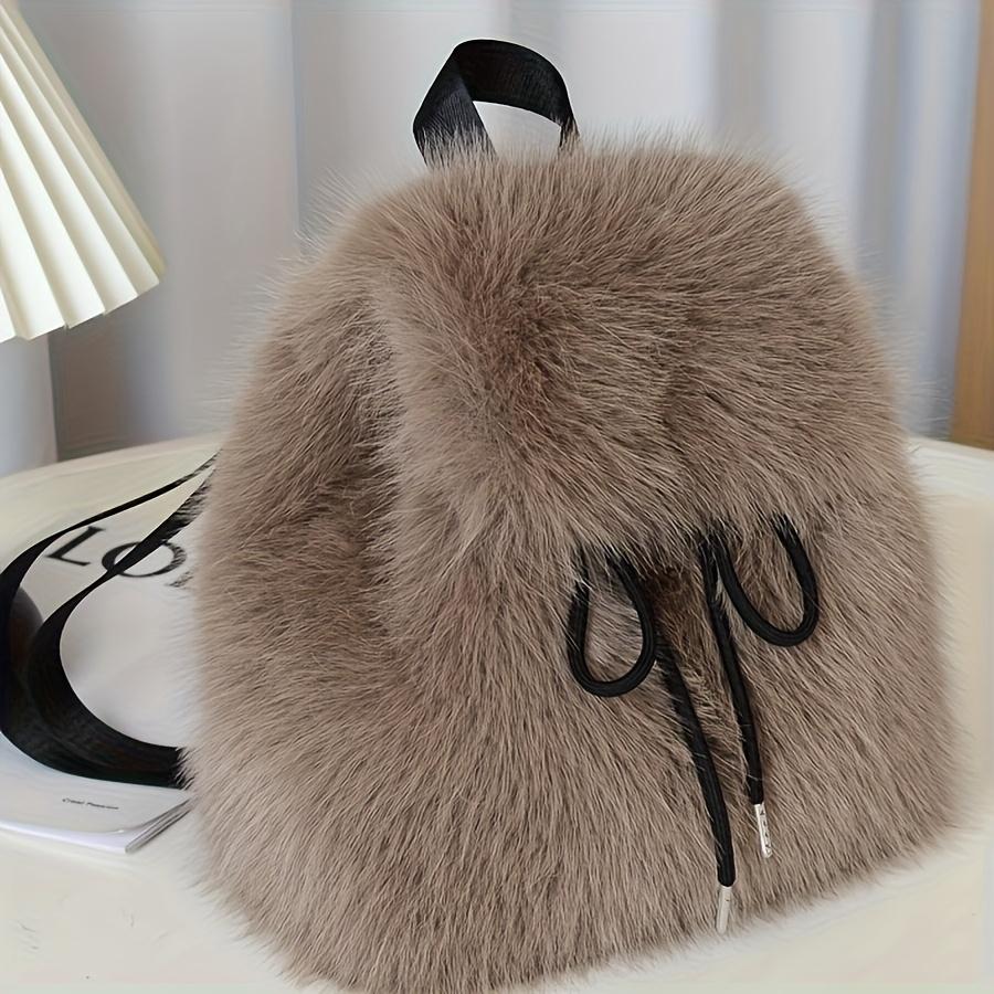 1pc Elegant Women'S Faux Fur Backpack - Adjustable Strap, Drawstring Closure, Multi-Pocket Design,Perfect for Travel & Casual Use