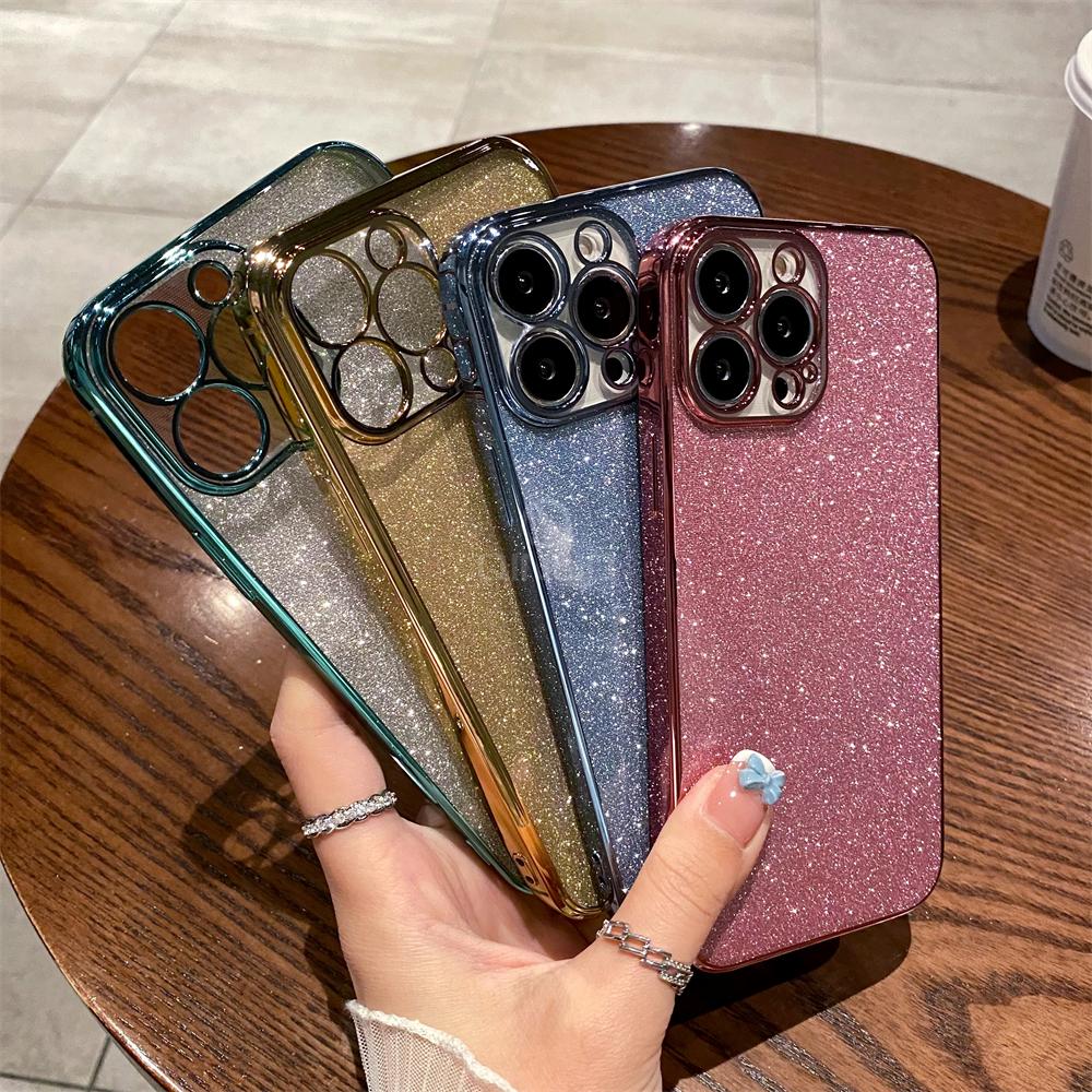 Luxury Square Plating Glitter Case for iPhone 16 15 14 Plus 13 12 Mini 11 Pro Max X XR XS Shiny Bling Soft Clear Silicone Cover