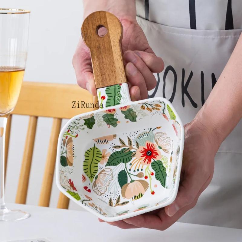 *Colorful Cloud Flower Handle Bowl Ceramic Instant Noodle Salad Bowl Single Geometric High-value Fruit Cold Noodle Bowl