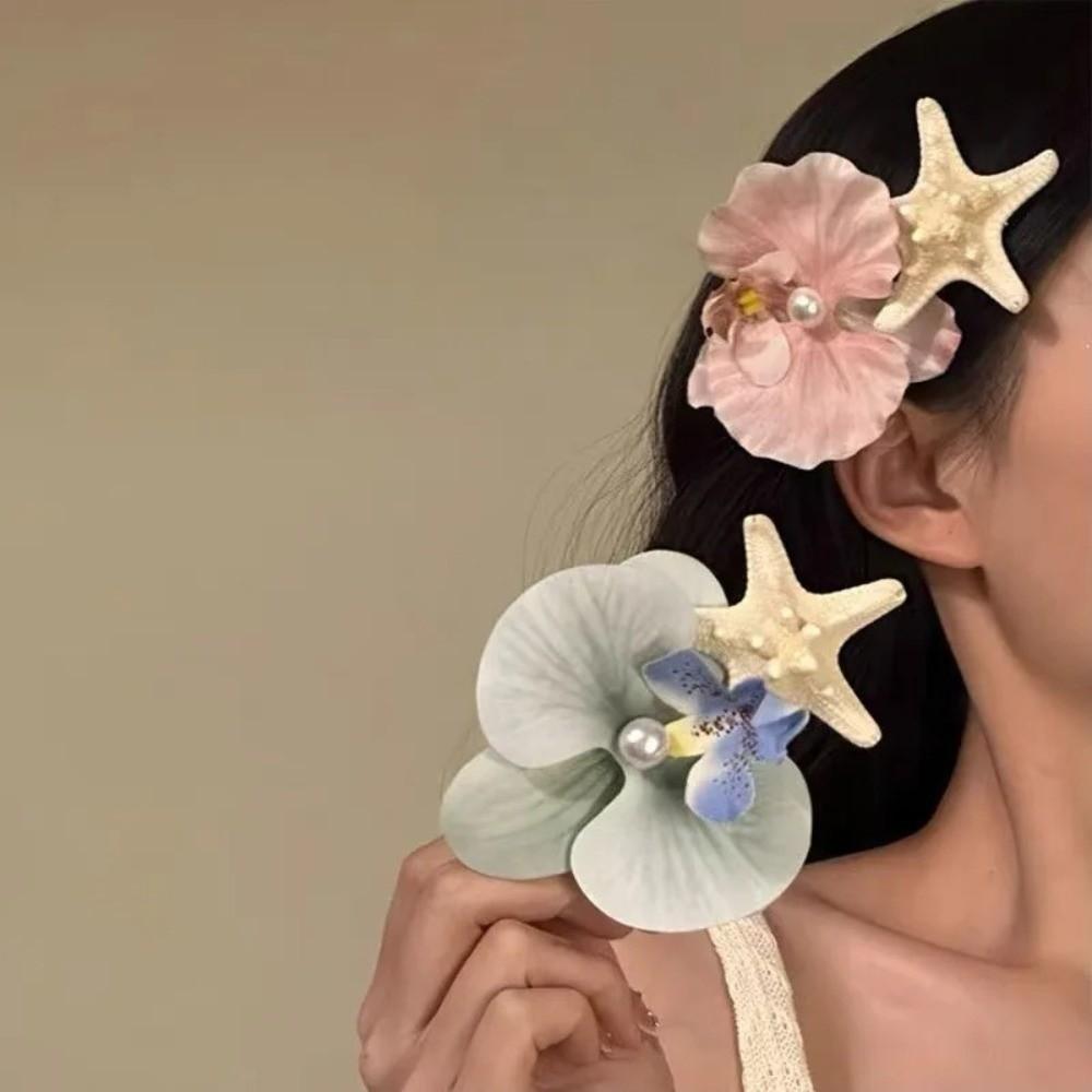 Trendy Orchid Flower Hairpin Vintage Resin Starfish Hair Clip Pearl Hair Clip Seaside Wear