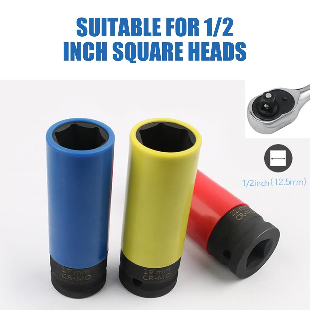3Pcs 1/2inch Drive Wheel Impact Wrench Nut 17mm 19mm 21mm Nonmarking Wheel Nut Thin Wall Deep Socket Accessories
