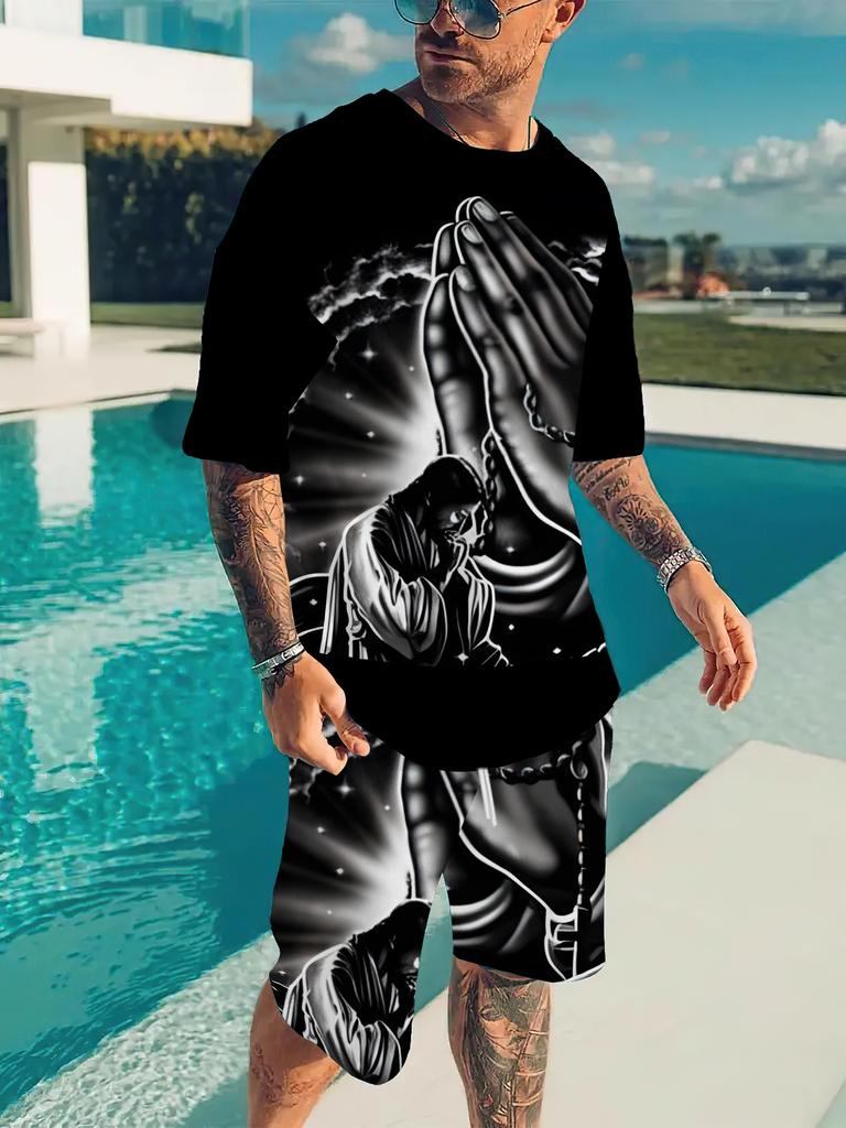 Summer Men Loose Streetwear Praying Hands Print Short Sleeve Set