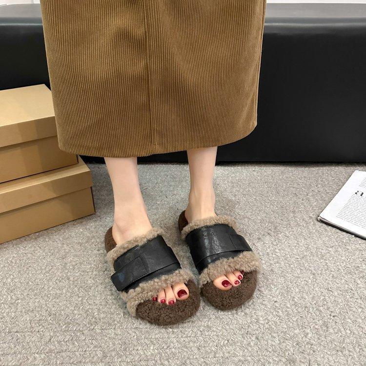 Cowhide Version! Woolen Shoes, Niche Design, Lamb Wool Thick-soled Outer Wear, Velvet One-word Slippers, Women's Autumn and Winter