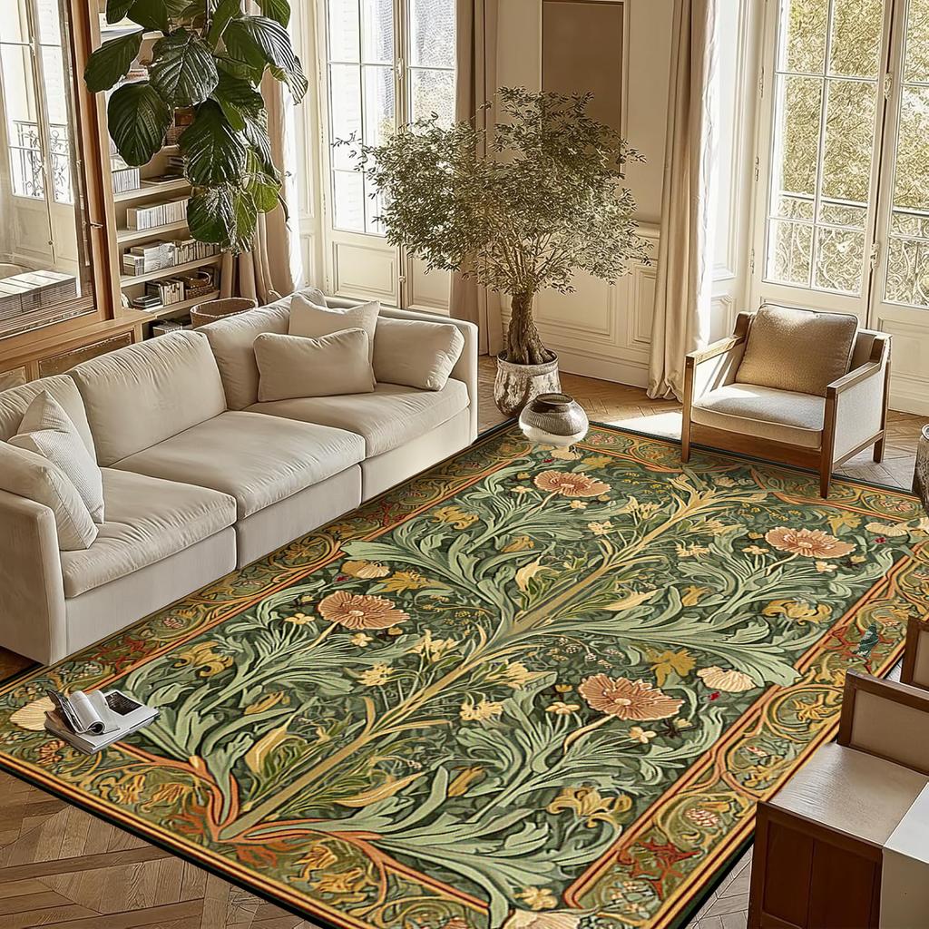 Retro Flower Living Room Carpet Non-slip Machine Washable Soft Floor Mat Nordic Style Plant Rugs Large Size Home Decoration Mats