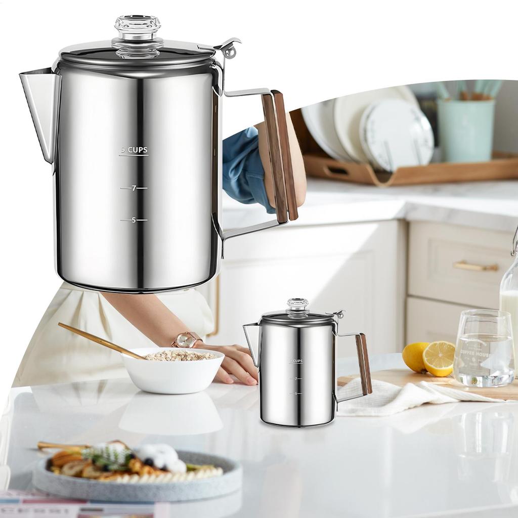 6/9 cups Percolator Coffee Pot Stainless Steel Coffee Maker Milk Tea Pot Camping Kettle Stovetop Percolator Portable Machine