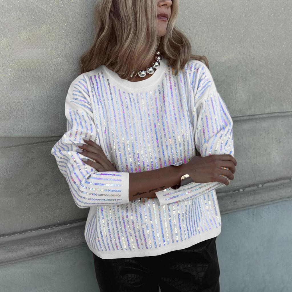 Women's Fashion Sequin Long Sleeved T-Shirt Round Neck Striped Pullover Top