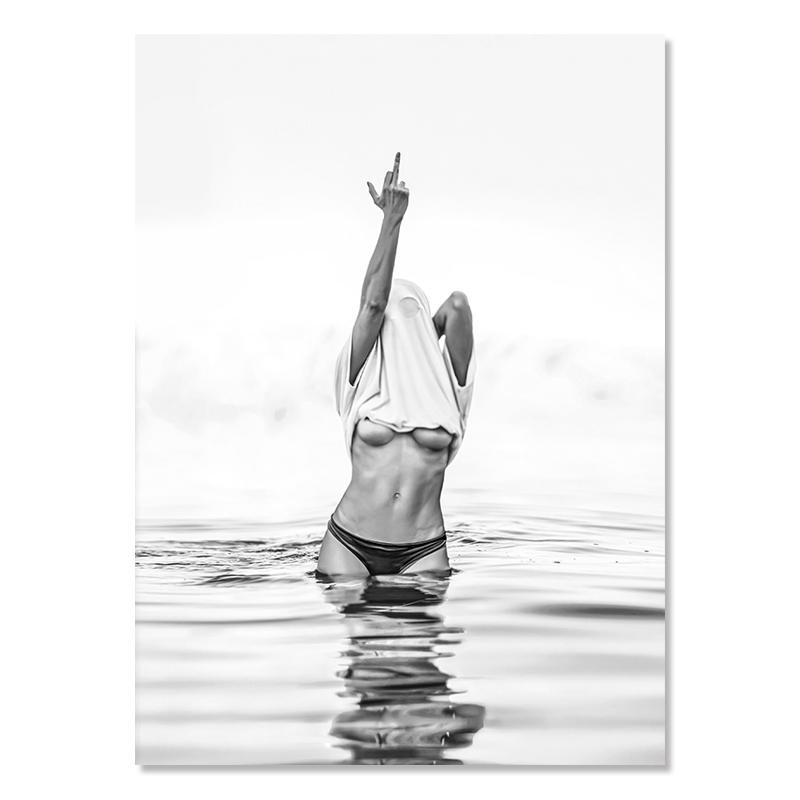 Wall Art Woman Pictures Living Room Decor Fashion Black White Poster Sexy Middle Finger Feminist Canvas Painting