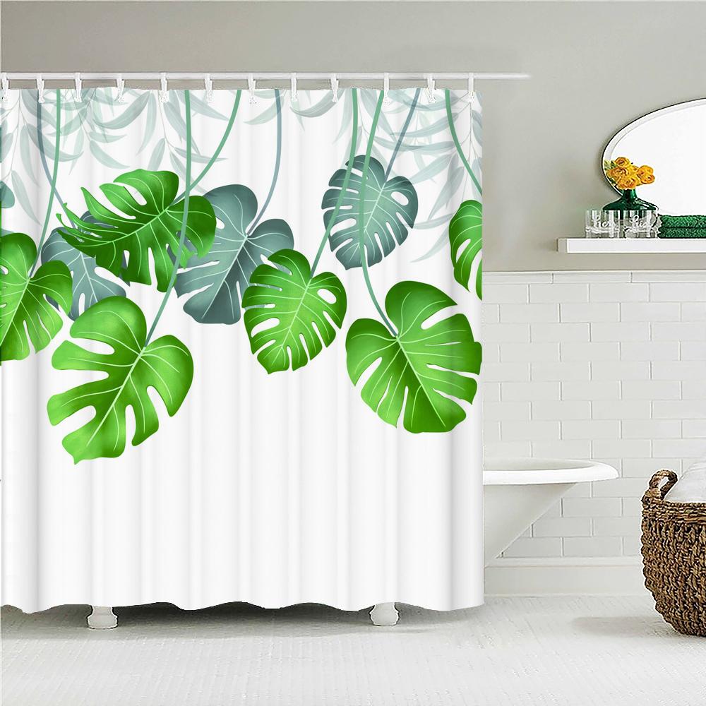 Waterproof Fabric Shower Curtain Printing Fresh Green Plant Leaves Bathroom Curtains Polyester Decoration Bath Screen with Hooks