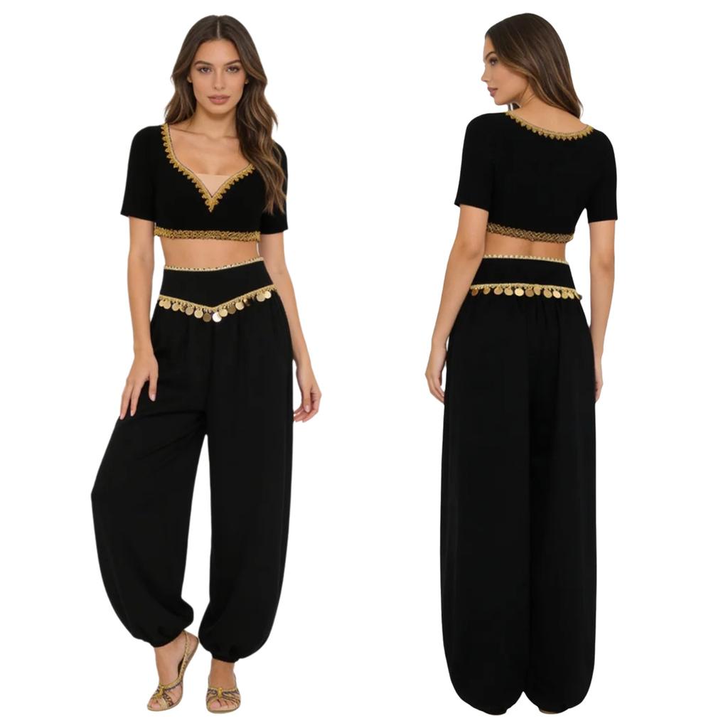 S-XXL Womens Belly Dance Outfit V Neck Short Sleeve Gold Trim Crop Top and Sequin Tassel Long Pants 2-piece Set for India Dance Folk Dance