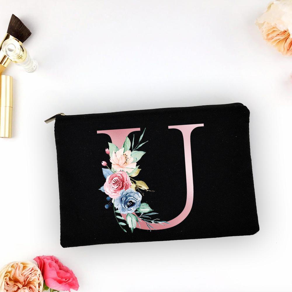 Pink Alphabet Flower A-Z Makeup Bag Make Up Pouch Women Shopping Travel Cosmetic Storage Lipstick Bags Large Capacity Organizer