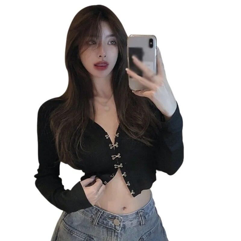 

Женские однобортные футболки с длинными рукавами и v-образным вырезом, с открытым пупком, топы One Size