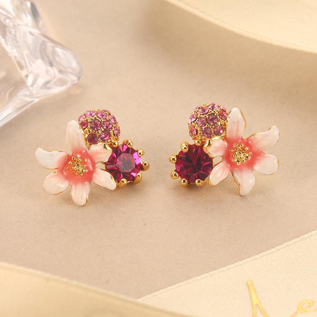 Mini kolczyki kwiatowe proste nowe kolczyki kolor emaliowany kropla oleju diament trójwymiarowe słodki temperament kolczyki