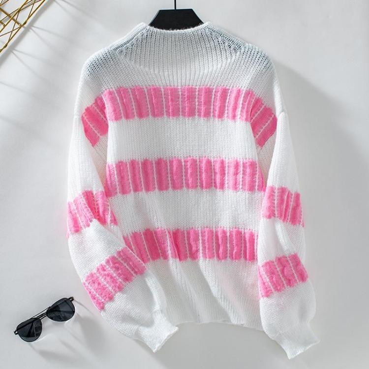 Autumn Winter Vintage Stripe Pullover Knitwear Top Loose Long Hooded Stand Collar Sweater