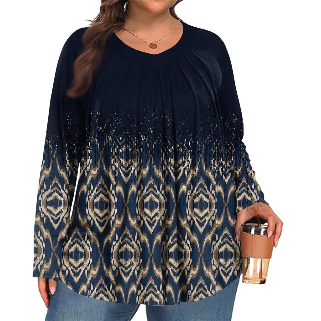 Women's Plus Size Fashion  Printed Casual Pleated Round Neck Long Sleeve Top