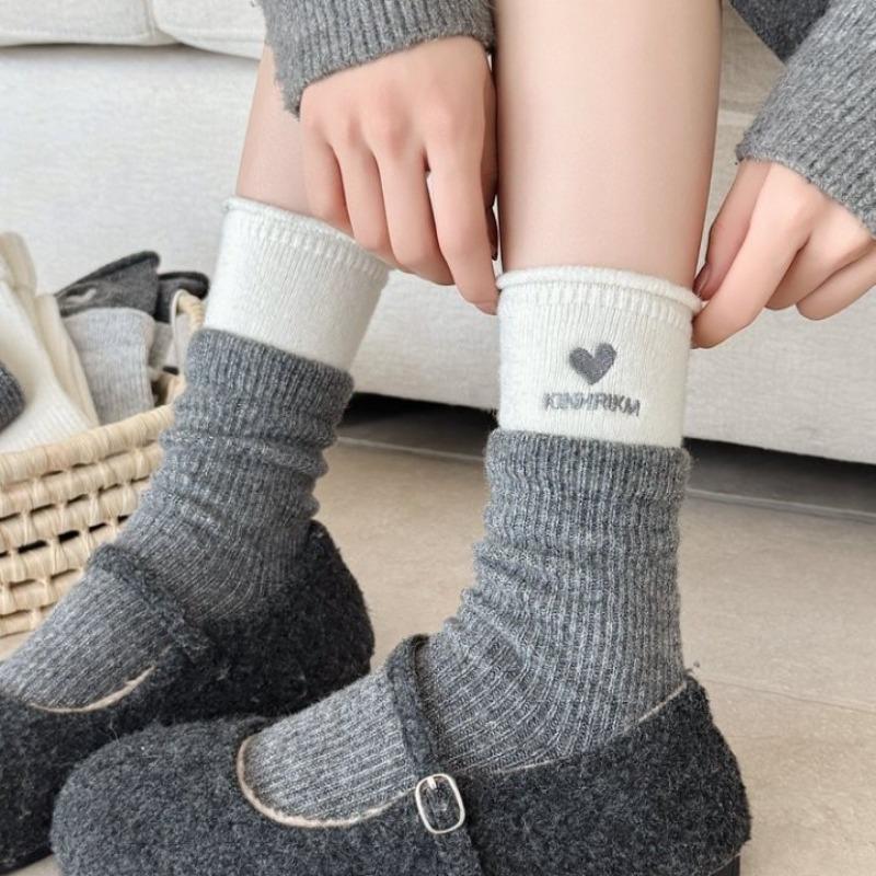 Woolen Socks, Heart-shaped Embroidered Socks, Double-threaded Bow, Striped, Thickened and Fleece Warm, Grey Pile Socks