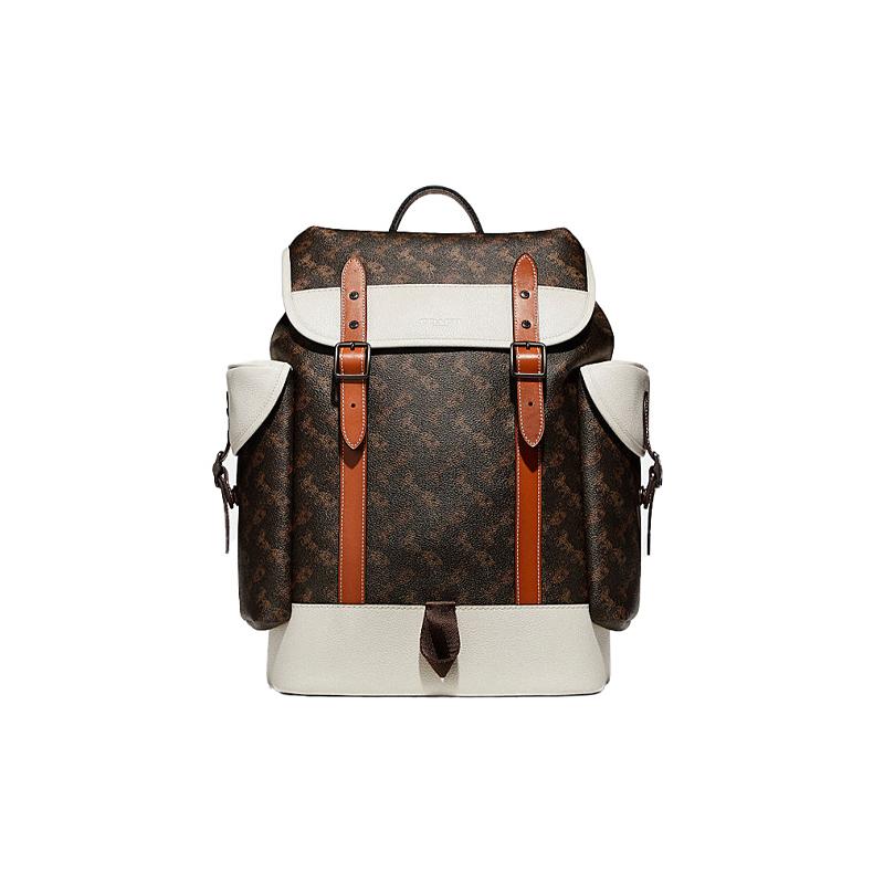 

COACH Hitch 31 Classic Carriage Print Color Block Drawstring Flip Large Capacity Coated Sail Backpack Men s White with Dark Brown білий