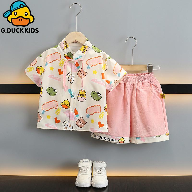 Adorable Cartoon Yellow Duck Boys Summer Outfit Set Stylish Cotton Two Piece