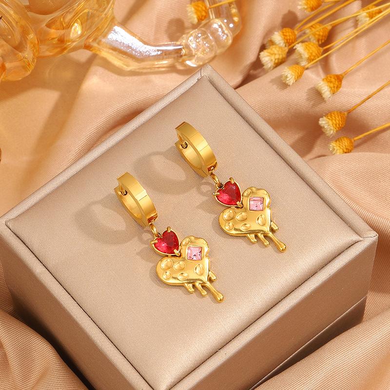 Titanium Steel Necklace, Bracelet, Earrings, Ring, Luxury-style Set with Sparkling Diamonds, Heart-shaped Design