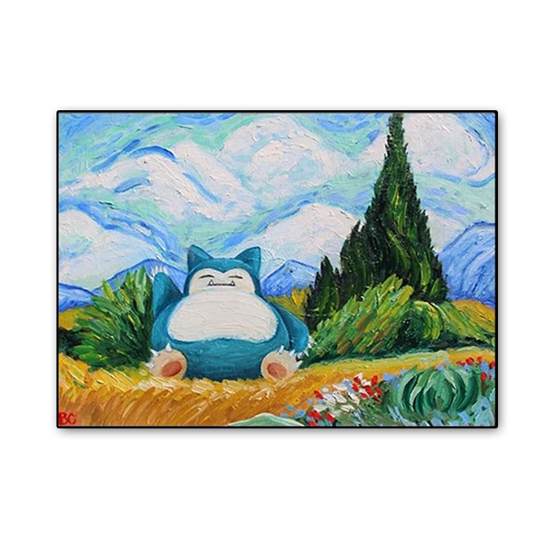 Pokemon Snorlax Van Gogh Print Wall Art Canvas Painting Poster Nursery Pokemon Snorlax Oil Picture Modern Living Room Decor 21X30CMNo Framed