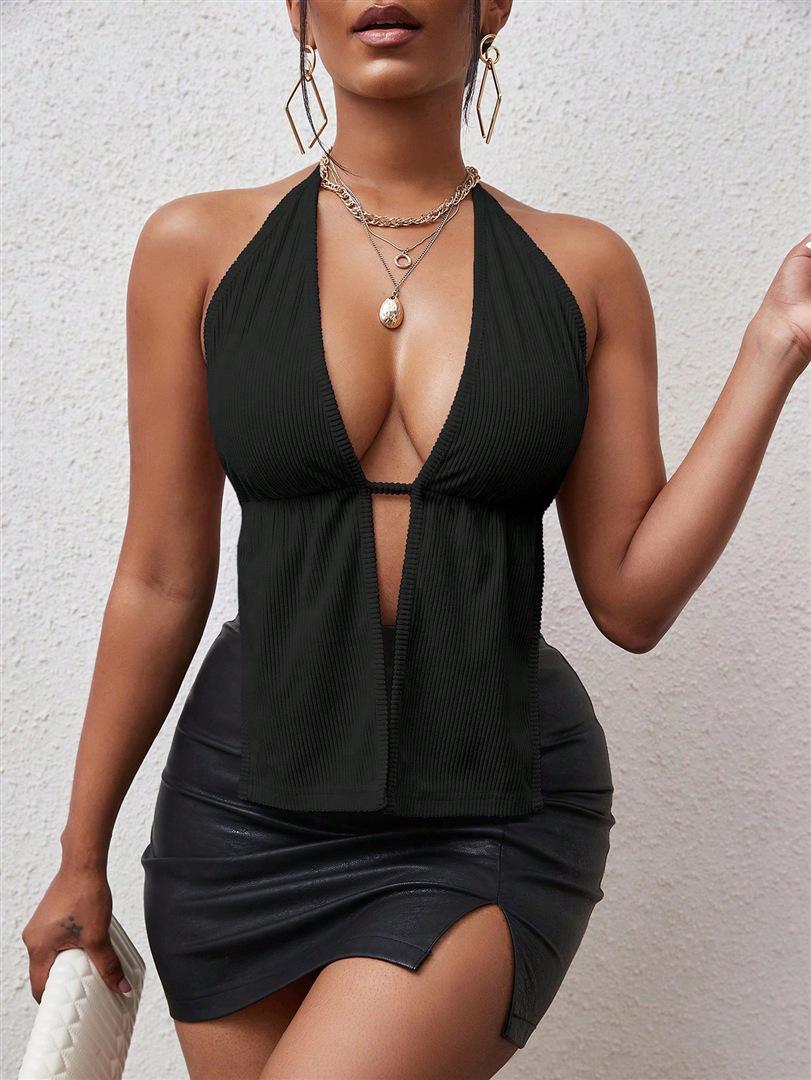Summer 2025 European & American Sexy Women s Corduroy Halter Backless Tank Top Large чёрный