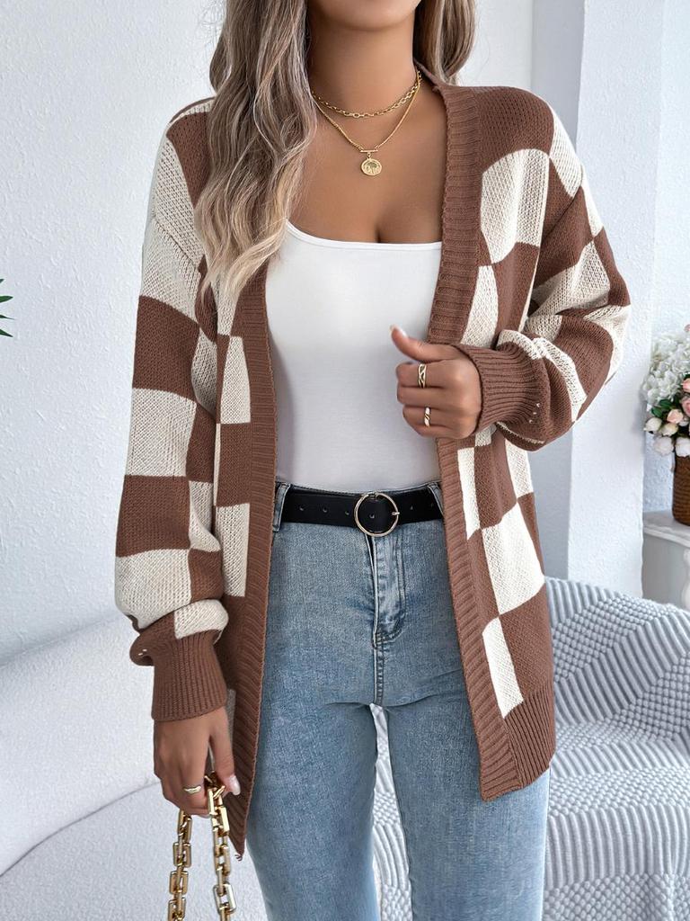 Herbst/Winter Colorblock Karomuster Laternenärmel Strickjacke Pullover Lange Oberbekleidung für Damen