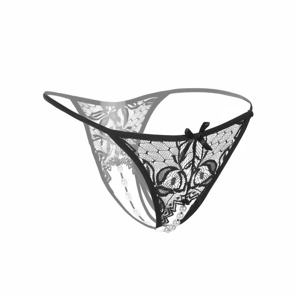 Women Lace Crotchless Panties Crotch Thong With Pearls Massaging Underwear