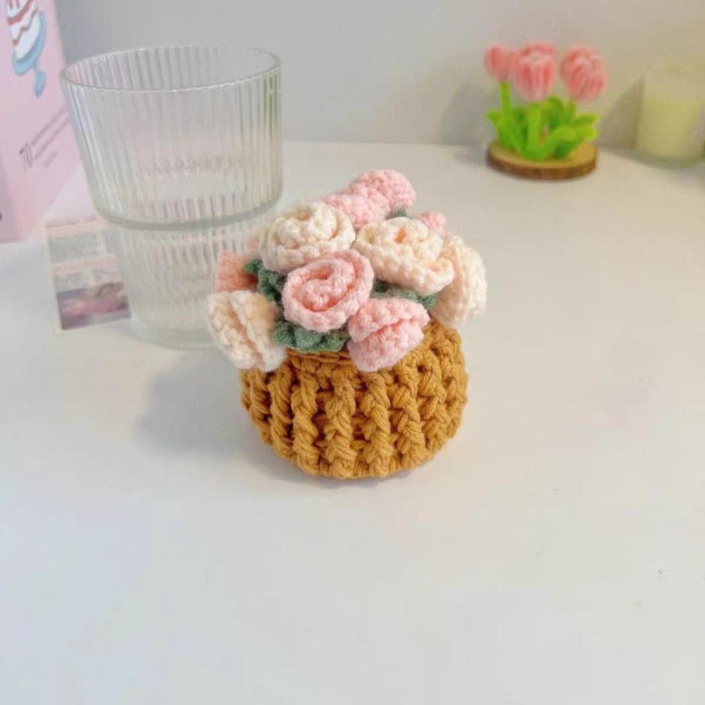1pc Handmade Crochet Tulip Flower Bouquet Coaster with Floral Basket, Heat-Resistant Tabletop Decor for Home Decoration Gifts