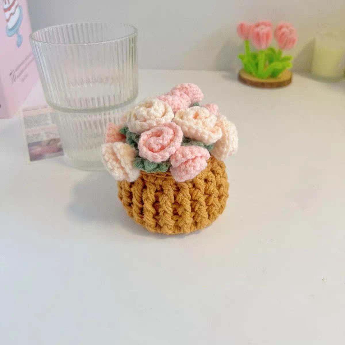

1pc Handmade Crochet Tulip Flower Bouquet Coaster with Floral Basket, Heat-Resistant Tabletop Decor for Home Decoration Gifts
