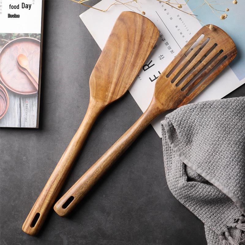 Little Wood Immortal Teak Long-Handle Slotted Spoon & Non-stick Stir-fry Spatula - Acacia Wood Kitchen Tool