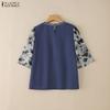 ZANZEA Damen Lässige Rundhals 3/4 Ärmel Locker Patchwork Bluse